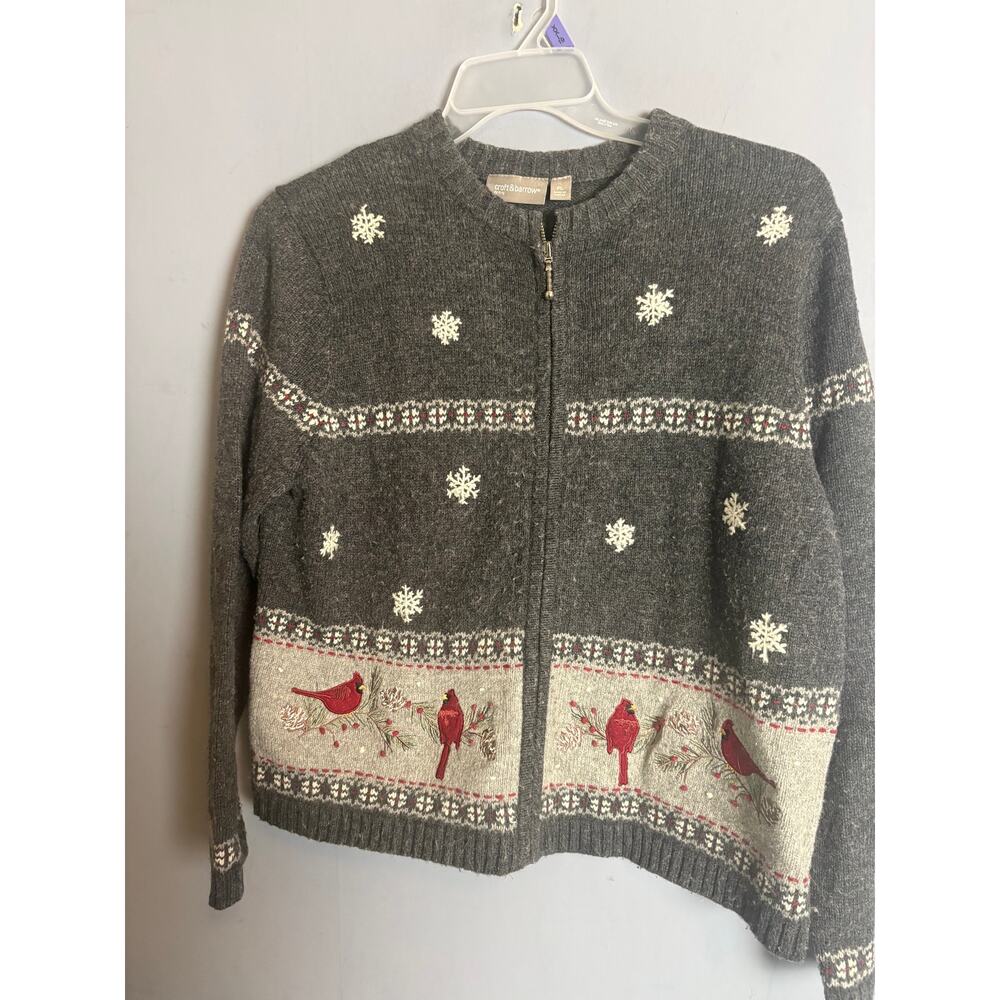 CroftandBarrow Gray Zip Front Cardinal Snowflake Sweater Size PL